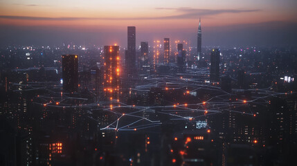 Smart digital Innovation city with connection network reciprocity over the cityscape. of future smart wireless digital city and social media networking systems that connects people with in city