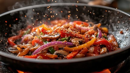 A colorful stir-fry of vegetables cooking in a pan, releasing steam and spices.