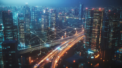 Fototapeta premium Smart digital Innovation city with connection network reciprocity over the cityscape. of future smart wireless digital city and social media networking systems that connects people with in city