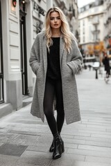 Obraz premium Attractive blonde woman posing wearing fashionable clothes in the city