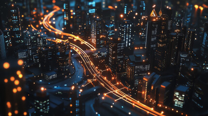 Smart digital Innovation city with connection network reciprocity over the cityscape. of future smart wireless digital city and social media networking systems that connects people with in city