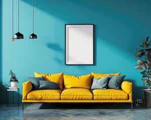 Modern Living Room Interior With Yellow Sofa, Vibrant Blue Wall, and Mockup Poster. Home Design 3D Rendering.