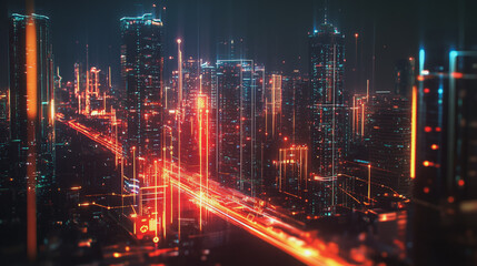 Naklejka premium Smart digital Innovation city with connection network reciprocity over the cityscape. of future smart wireless digital city and social media networking systems that connects people with in city
