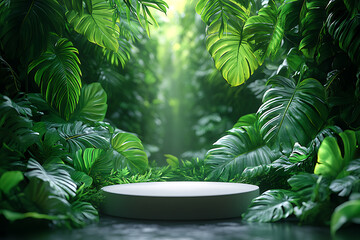 A 3D podium with a sleek white frame surrounded by lush green tropical leaves, perfect for natural product displays or branding presentations, exuding freshness and elegance