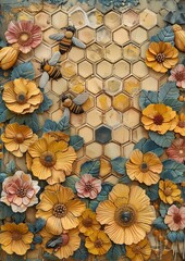Fototapeta premium Honey Bees Junk Journal Pages Vintage Honeycomb Junk Journal