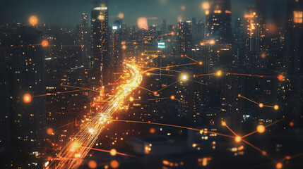 Fototapeta premium Smart digital Innovation city with connection network reciprocity over the cityscape. of future smart wireless digital city and social media networking systems that connects people with in city