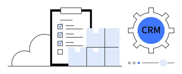 Checklist on clipboard with check marks and stacked boxes next to CRM cogwheel. Ideal for business management, inventory, productivity tools, customer relations, logistics, task management, workflow