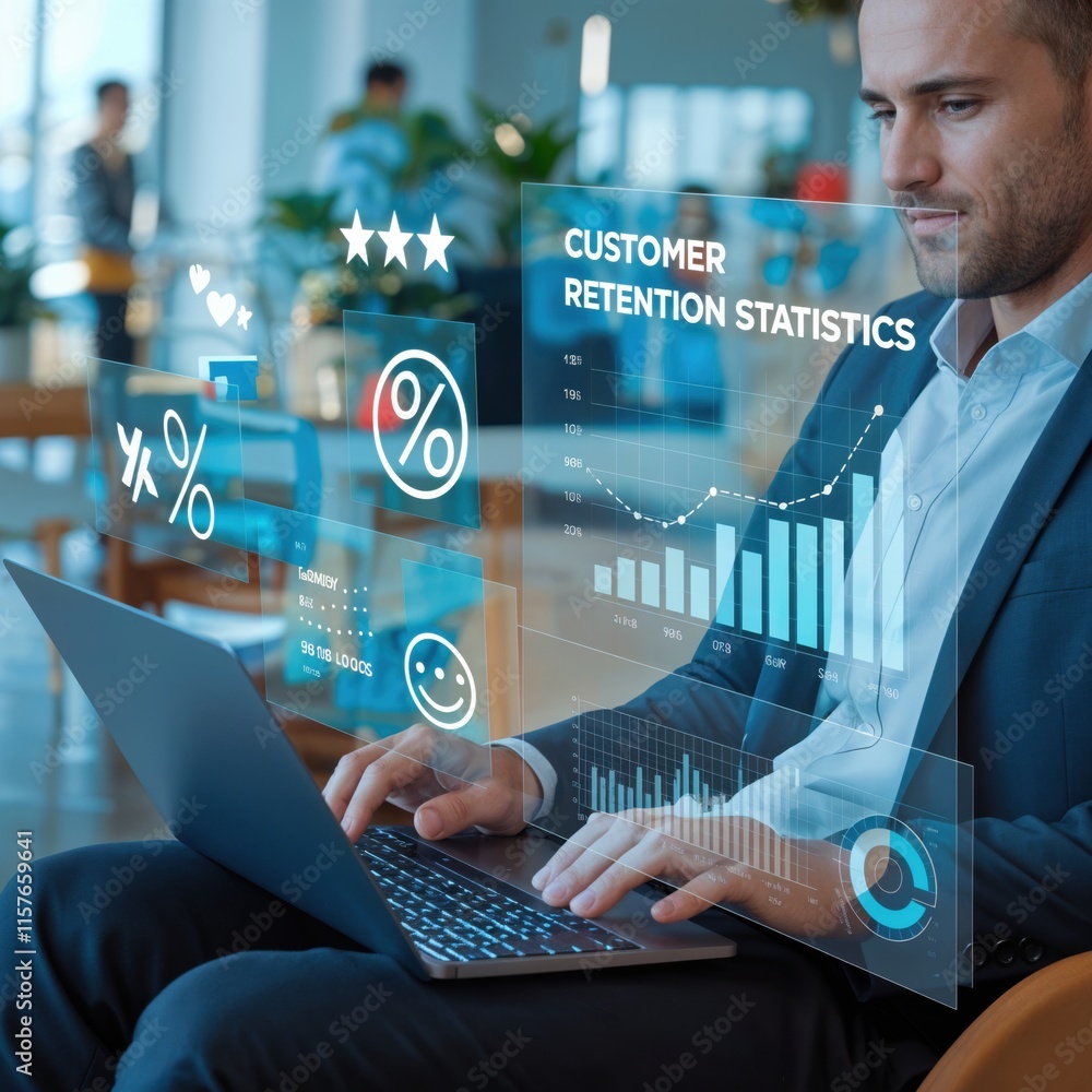 Poster displaying 'customer retention statistics' , such as bar graphs and loyalty score charts