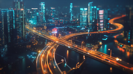 Smart digital Innovation city with connection network reciprocity over the cityscape. of future smart wireless digital city and social media networking systems that connects people with in city