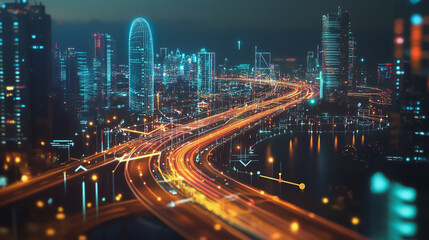 Fototapeta premium Smart digital Innovation city with connection network reciprocity over the cityscape. of future smart wireless digital city and social media networking systems that connects people with in city