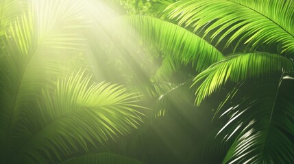 Obraz premium Lush Tropical Foliage with Sunlight Beaming Through Dense Greenery