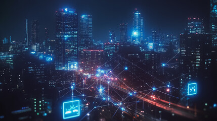 Fototapeta premium Smart digital Innovation city with connection network reciprocity over the cityscape. of future smart wireless digital city and social media networking systems that connects people with in city