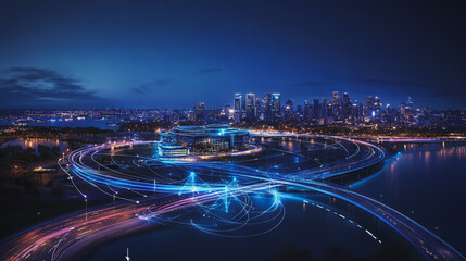 Fototapeta premium Smart digital Innovation city with connection network reciprocity over the cityscape. of future smart wireless digital city and social media networking systems that connects people with in city