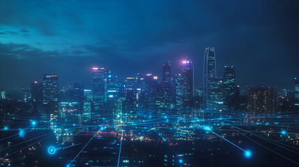 Fototapeta premium Smart digital Innovation city with connection network reciprocity over the cityscape. of future smart wireless digital city and social media networking systems that connects people with in city