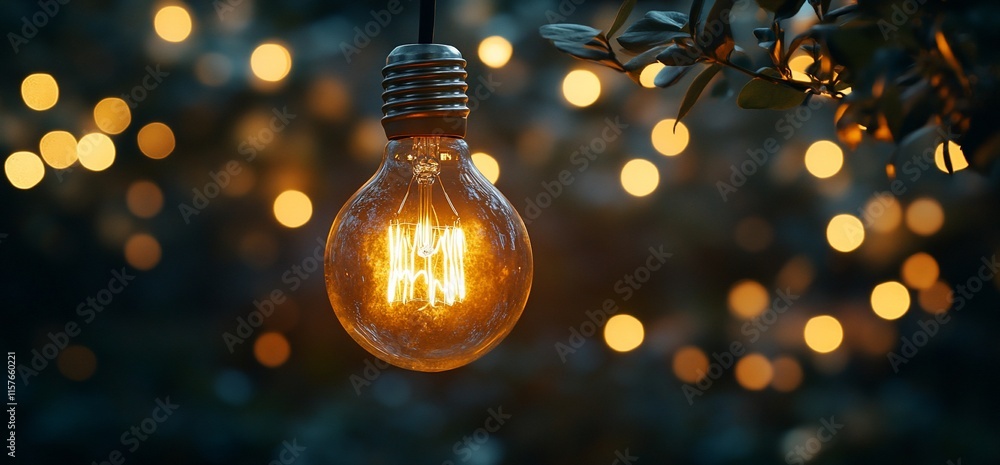 Poster a glowing light bulb surrounded by soft bokeh lights in a serene setting.