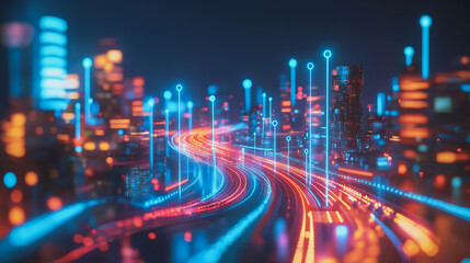 Fototapeta premium Smart digital Innovation city with connection network reciprocity over the cityscape. of future smart wireless digital city and social media networking systems that connects people with in city