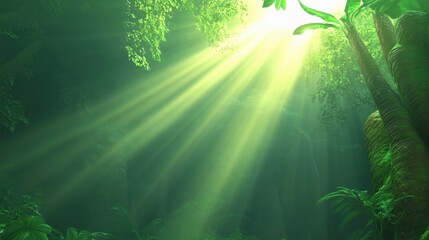 Sunlight Beams Illuminating Lush Green Jungle with Vibrant Flora