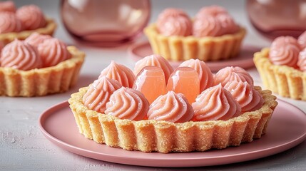 Gourmet pink dessert tarts with luxurious cream topping and elegant presentation