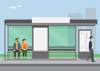 a cartoon illustration of man and woman sits on a bus shelter while the other man just walk passing by.