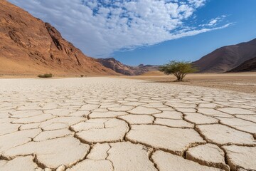 Expansive dry landscape features cracked earth patterns and a lone tree, highlighting the stark beauty of a desert environment under a bright sky