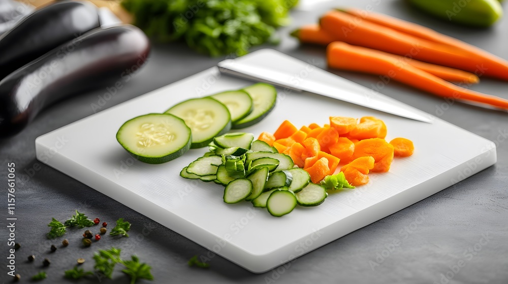 Canvas Prints Chopped cucumbers, carrots, and sliced eggplant on a white cutting board. Fresh parsley and a knife are nearby. A healthy cooking preparation scene.