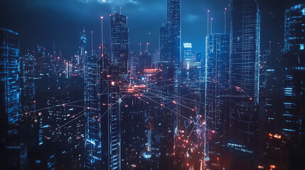 Fototapeta premium Smart digital Innovation city with connection network reciprocity over the cityscape. of future smart wireless digital city and social media networking systems that connects people with in city