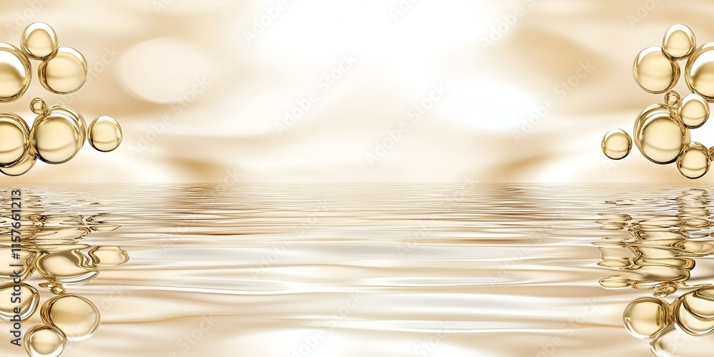 Poster golden bubbles floating above a shimmering reflective surface with a soft gold background, creating 