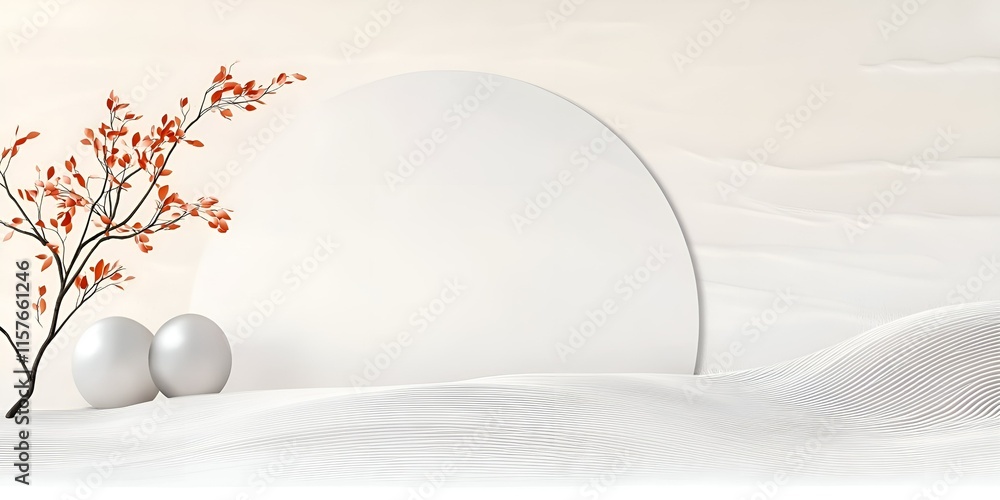 Poster minimalistic composition with a branch of red leaves, abstract white waves, and two spheres on a sof