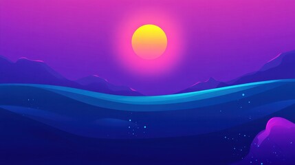 Obraz premium Vibrant Sunset Over Tranquil Ocean Waves with Stylized Mountains