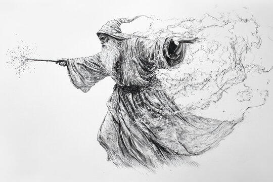 A detailed pencil sketch of a wizard casting a spell with an outstretched arm and a wand, surrounded by swirling magical energy, evoking a sense of mysticism and power