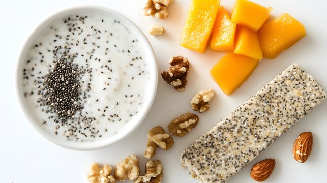 A healthy breakfast bowl with chia seeds, yogurt, mango, walnuts, and a chia seed bar. Perfect for a nutritious and delicious start to the day!