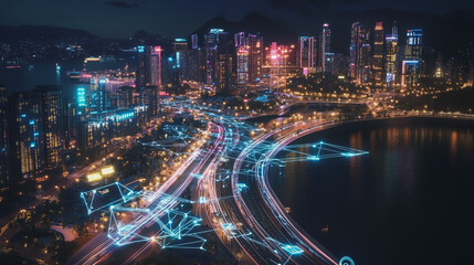 Naklejka premium Smart digital Innovation city with connection network reciprocity over the cityscape. of future smart wireless digital city and social media networking systems that connects people with in city