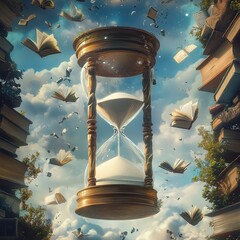 A surreal depiction of a giant hourglass suspended in a sky filled with flying books and pages, surrounded by vibrant clouds and nature elements