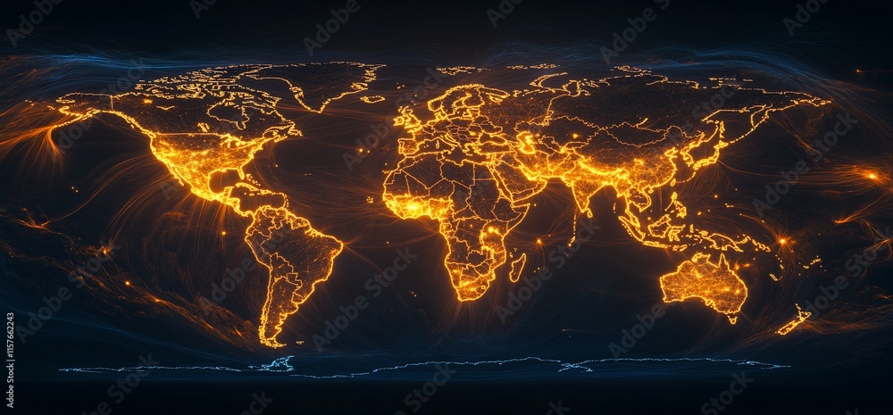 Poster a glowing world map illustrating global connections and data flow.