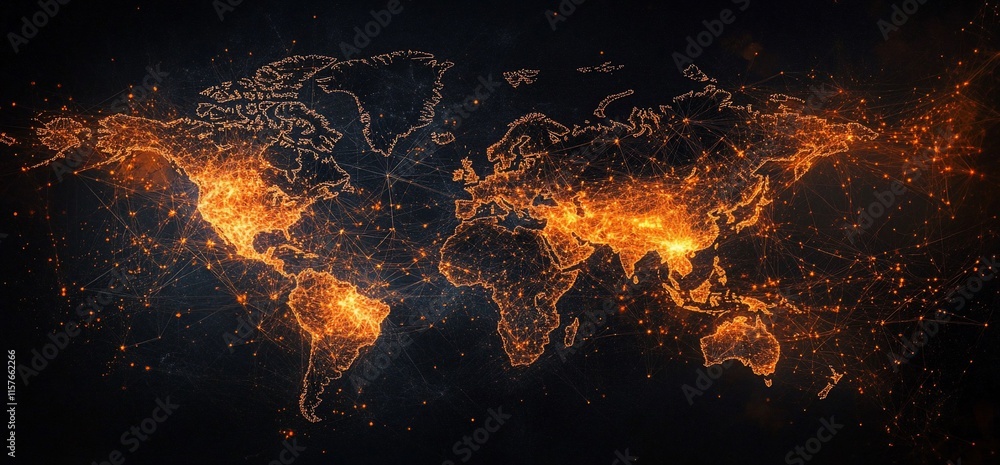 Poster a glowing world map illuminated by orange connections, symbolizing global networks.