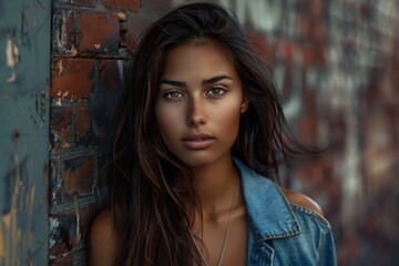 Naklejka premium Beautiful young fashion model posing near brick wall
