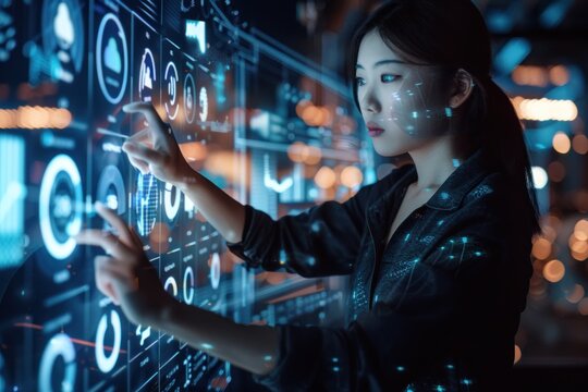 Software developer interacting with transparent touchscreen display with data - Powered by Adobe