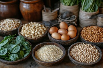 Fresh and healthy meal prep featuring vibrant vegetables, nuts, and eggs at a kitchen counter