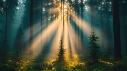 Obraz premium Sunbeams Illuminate Misty Forest Scene With Young Trees