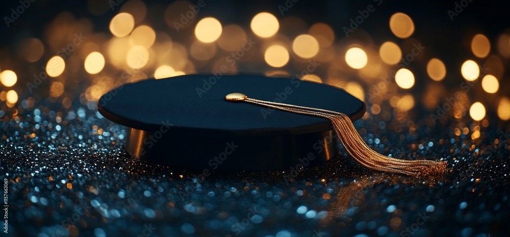 Poster a graduation cap rests on a sparkling surface with soft bokeh lights.