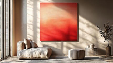 Modern living room with abstract red painting and natural light