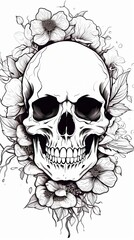 Obraz premium Skull With Floral Design Black and White Illustration for Coloring Pages. Generative AI