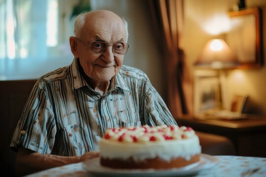 Senior Man Celebrates Milestone 102nd Birthday With Joyful Cake Moment at Home. Generative AI