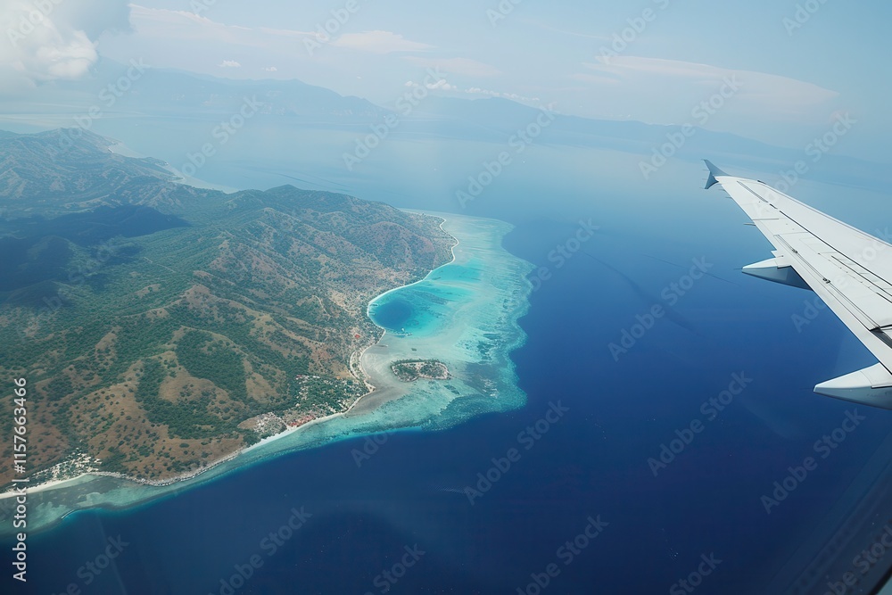 Poster soaring above turquoise waters with mountains in the distance viewed from an airplane wing. generati