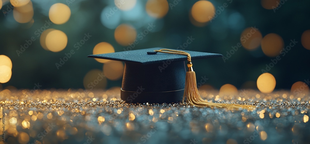 Poster a graduation cap resting on a glittery surface with a bokeh background.