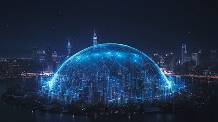 Fototapeta premium Smart digital Innovation city with connection network reciprocity over the cityscape. of future smart wireless digital city and social media networking systems that connects people with in city