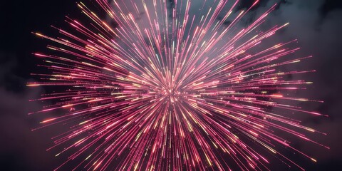 A vibrant firework burst expands into a chrysanthemum shape, radiating colorful sparks, illumination, image