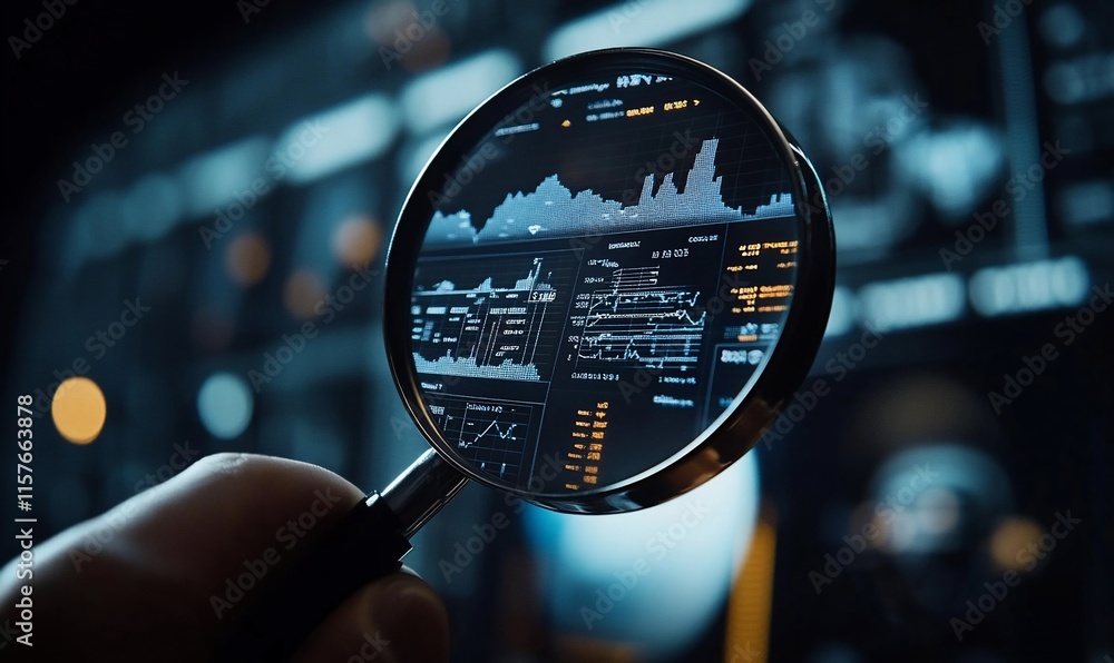 Poster a hand holding a magnifying glass over a digital interface displaying data.
