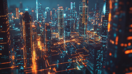 Obraz premium Smart digital Innovation city with connection network reciprocity over the cityscape. of future smart wireless digital city and social media networking systems that connects people with in city