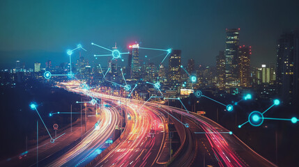 Smart digital Innovation city with connection network reciprocity over the cityscape. of future smart wireless digital city and social media networking systems that connects people with in city